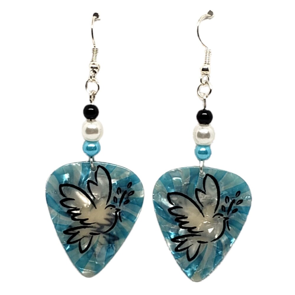 Religious White Dove with Olive Branch Guitar Pick Beaded Earrings - Handmade